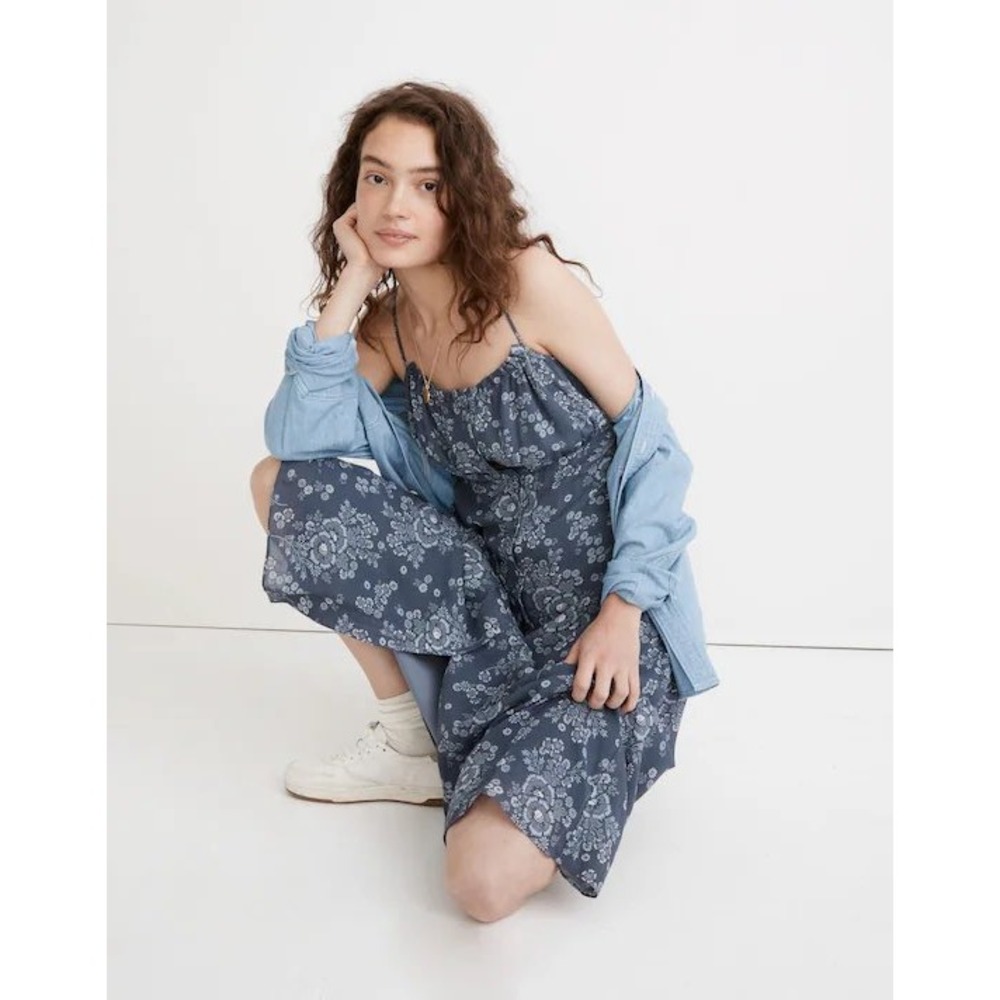 Madewell Midi Dress Tie Back Button Front Archival Floral Sundaded Indigo Blue 2